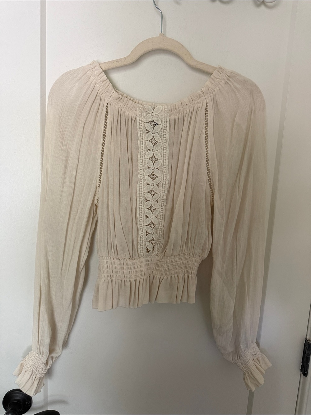 H&M Cream Long-Sleeve Peasant Top with Lace Inset